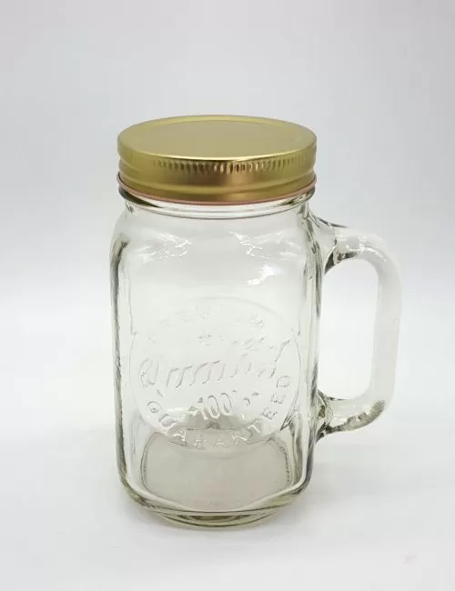 Tarro con asa tipo Mason Jar de 16 oz (473 ml) con tapa dorada.